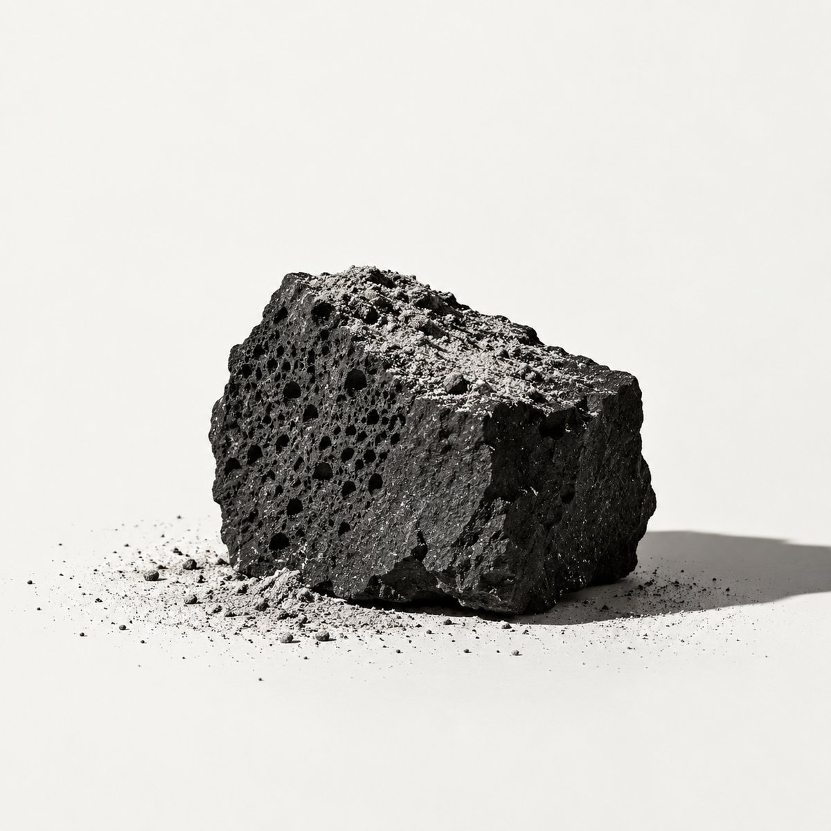A chunk of black basalt rock on a plain background.