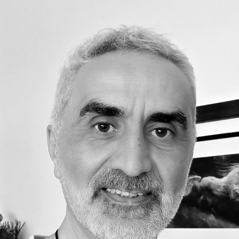 Portrait of Cumai, in black and white.
