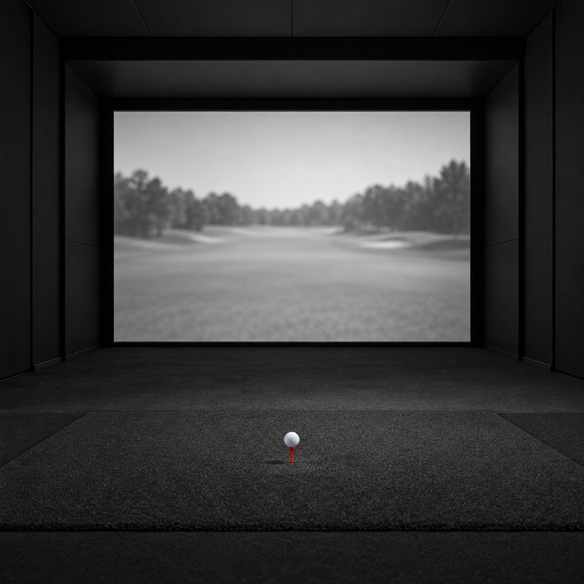 A golf ball on a tee inside an indoor golf simulator bay, facing a projection screen of a fairway.
